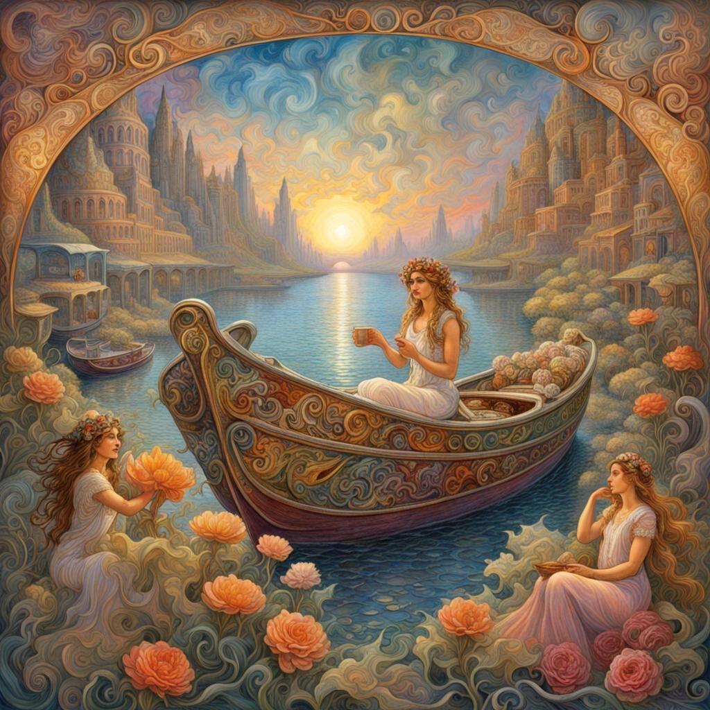 Food Truck Boat in Surreal Art Nouveau World