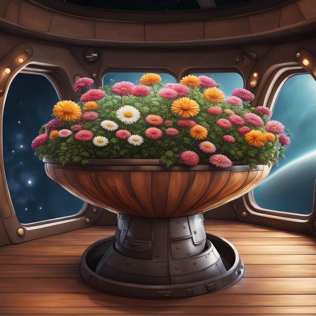 Flowers on a Wooden Table in Spaceship