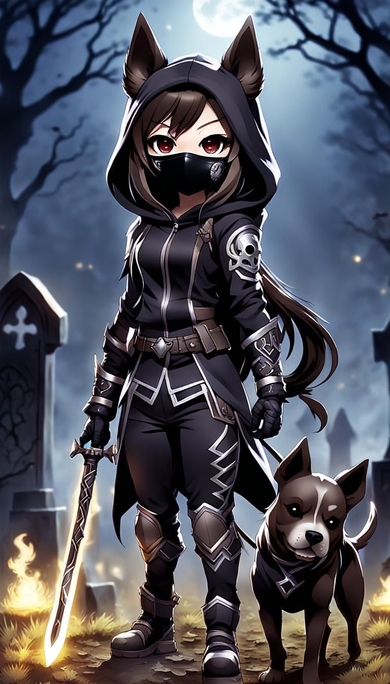 Chibi Warrior Girl in Dog Suit with Magic Staff