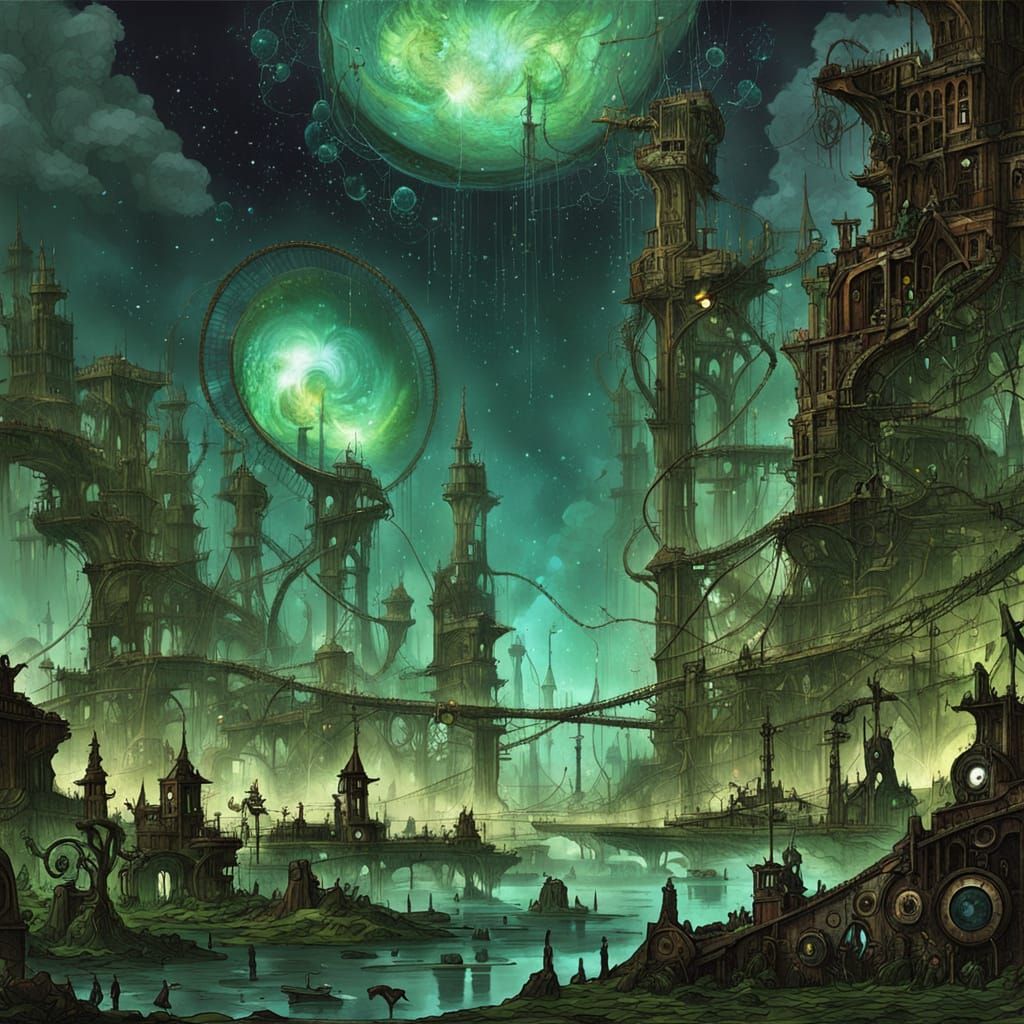 Clockwork Automaton in Ruined City Under Nebula Sky