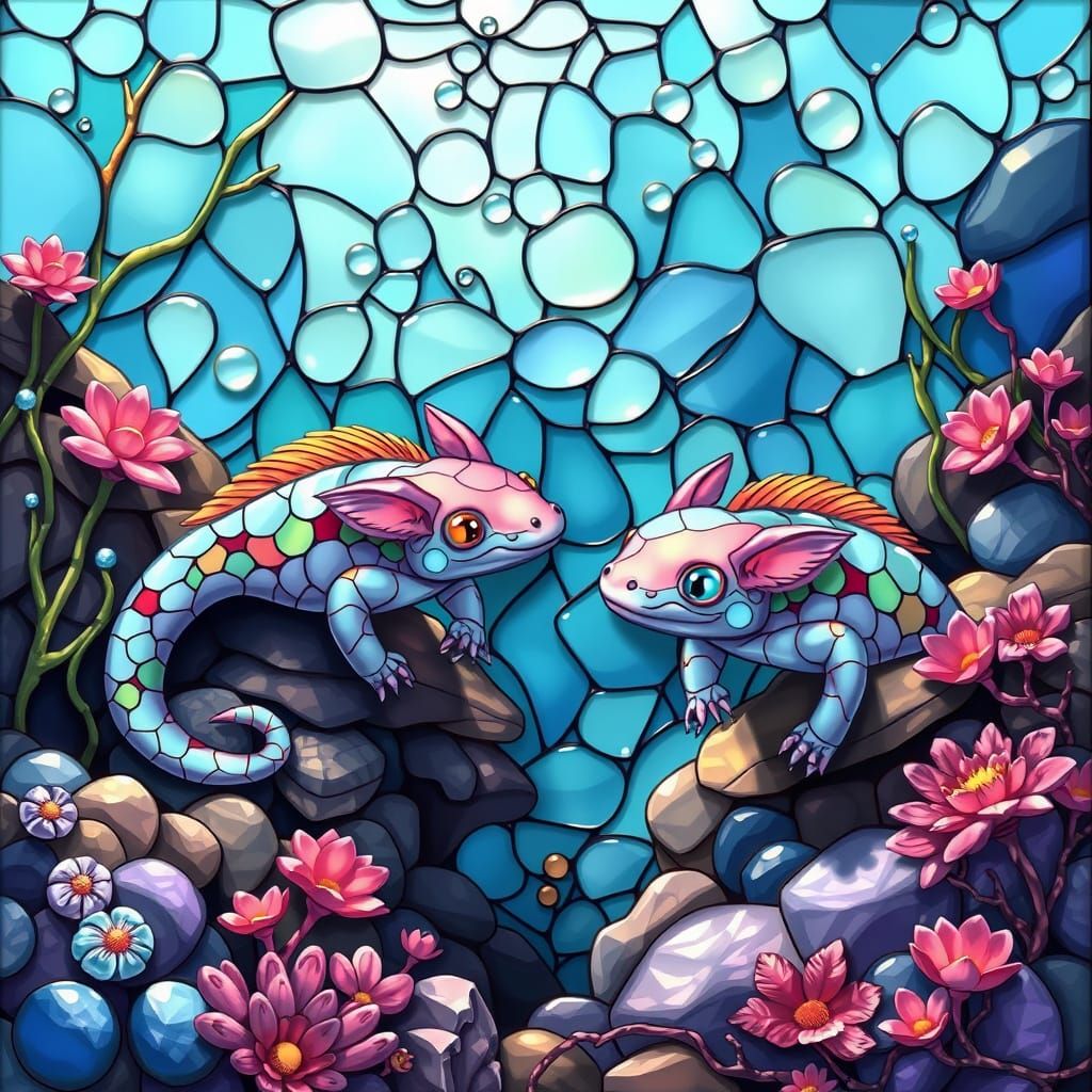 Axolotls in Vibrant Stained Glass Style