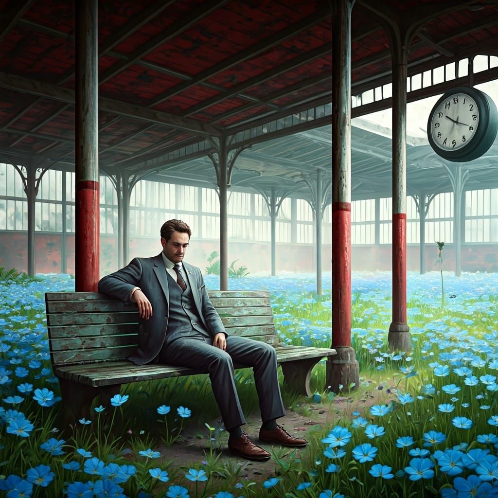 Deserted Station with Blue Flowers, Surreal Art Style