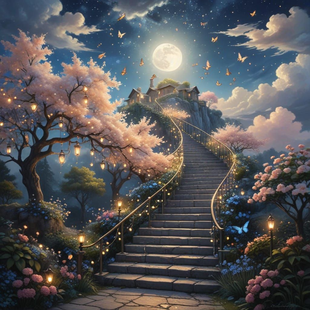 Ethereal Stairs Ascending to Mountain Top in Anime Realism