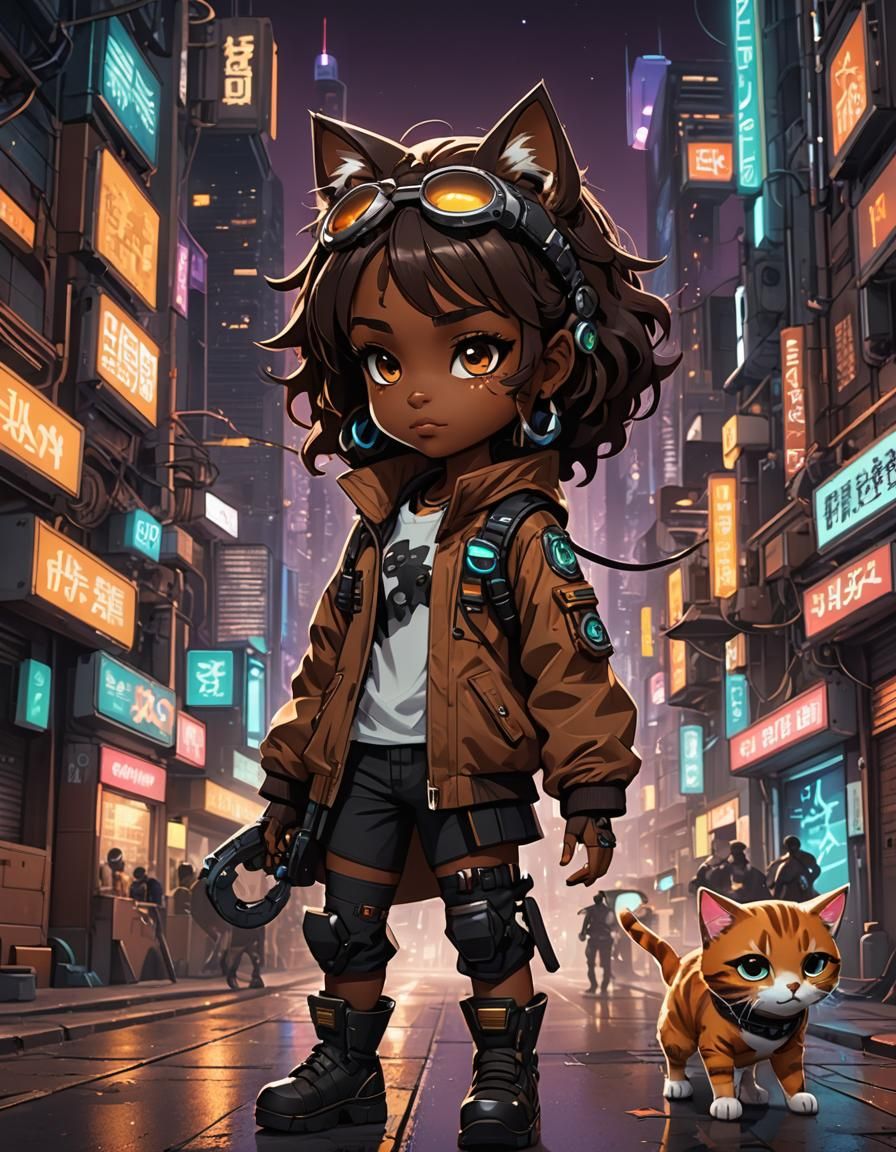 Anime Cyber Ninja Cat Girl in Cyberpunk City
