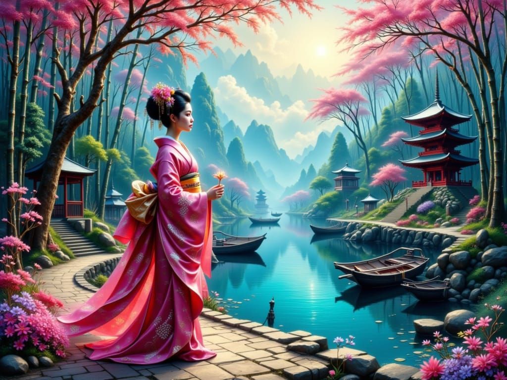 Geisha in Magical Japanese Forest, Impasto Style