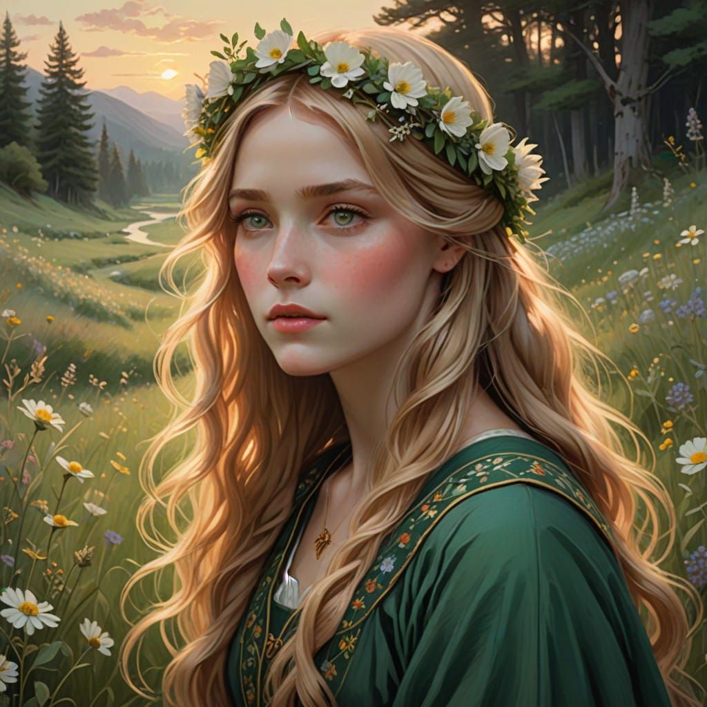 Surreal Pre-Raphaelite Goddess in Emerald Green and Golden H...