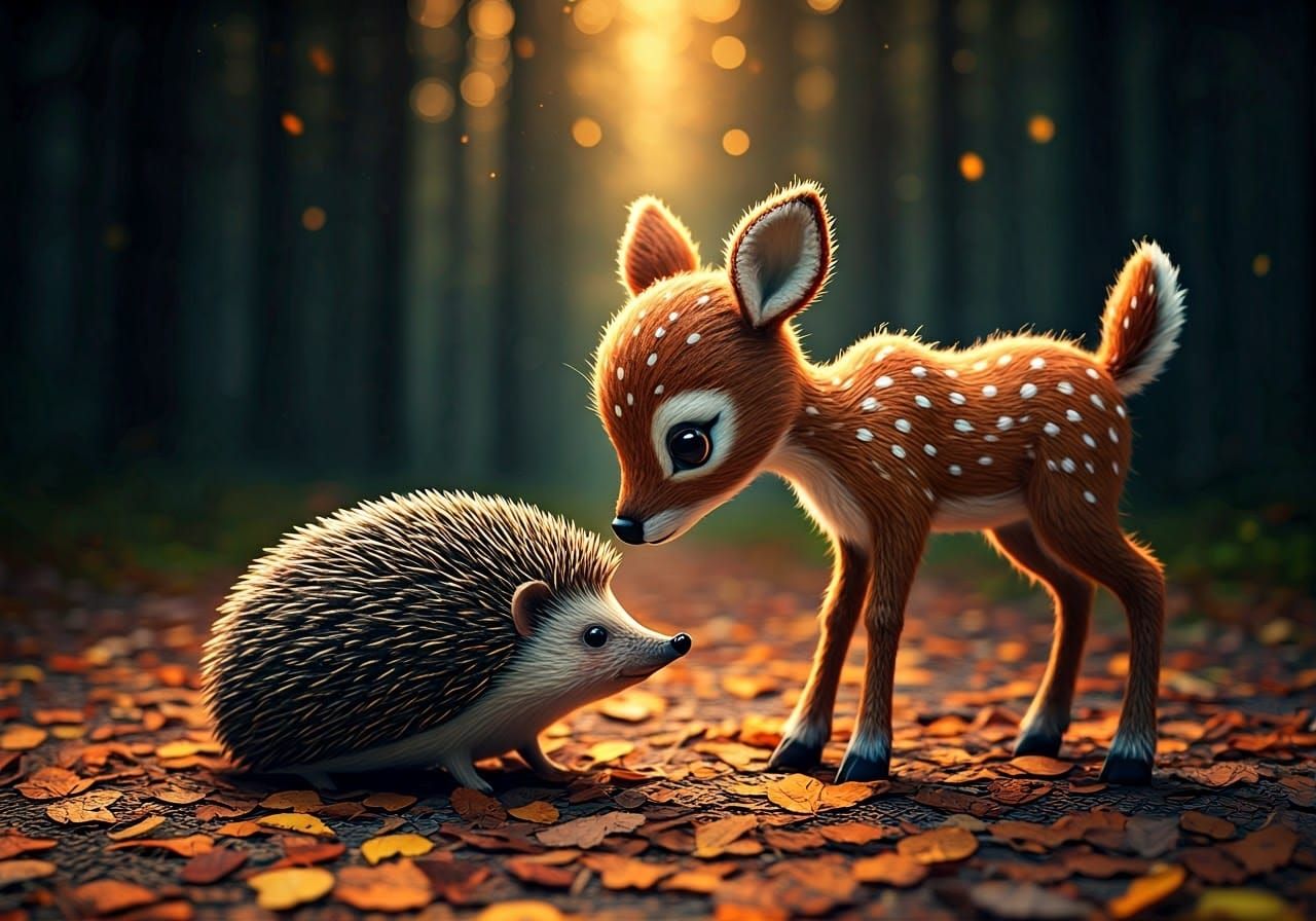 Knitted Deer and Hedgehog in Autumn Leaves