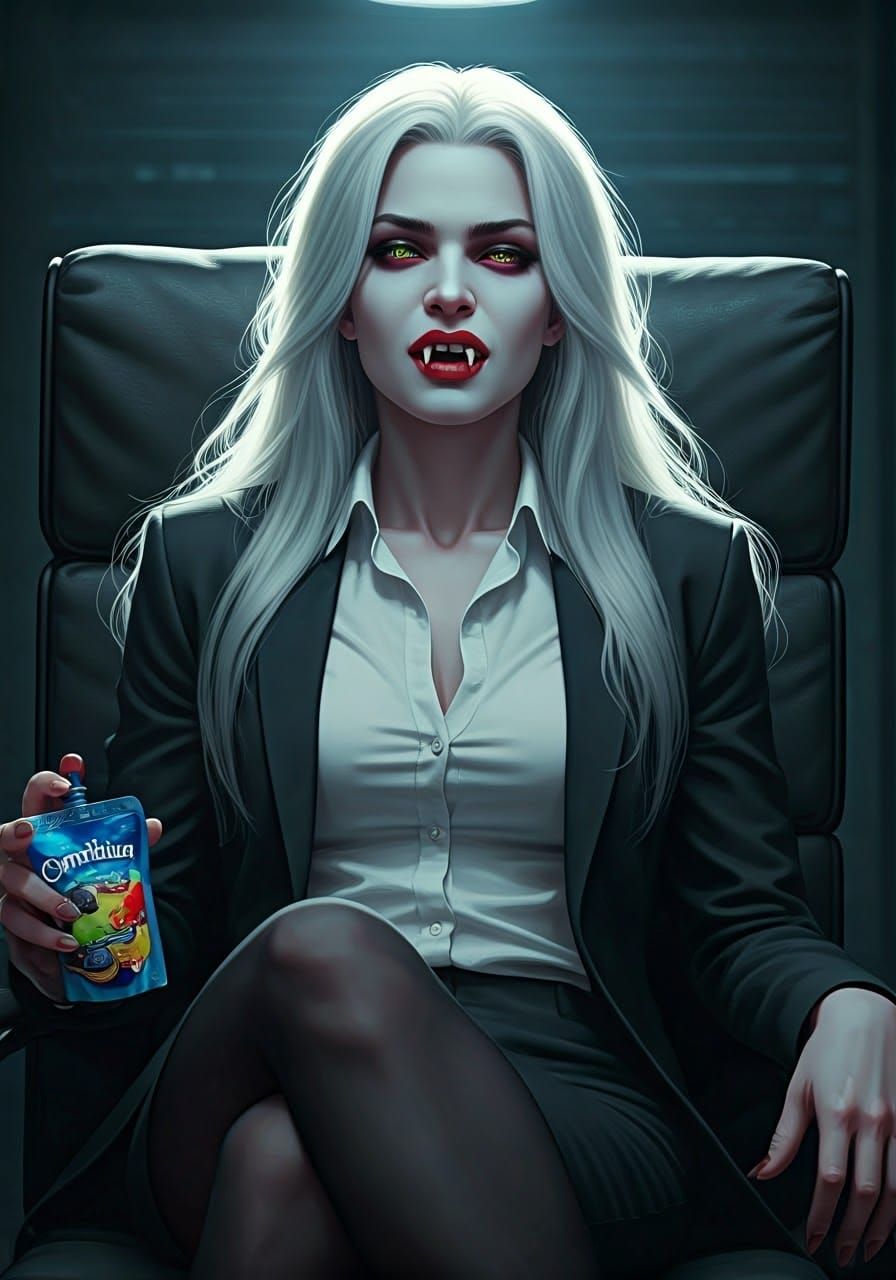 Corporate Vampire in Formal Attire with Fierce Smile