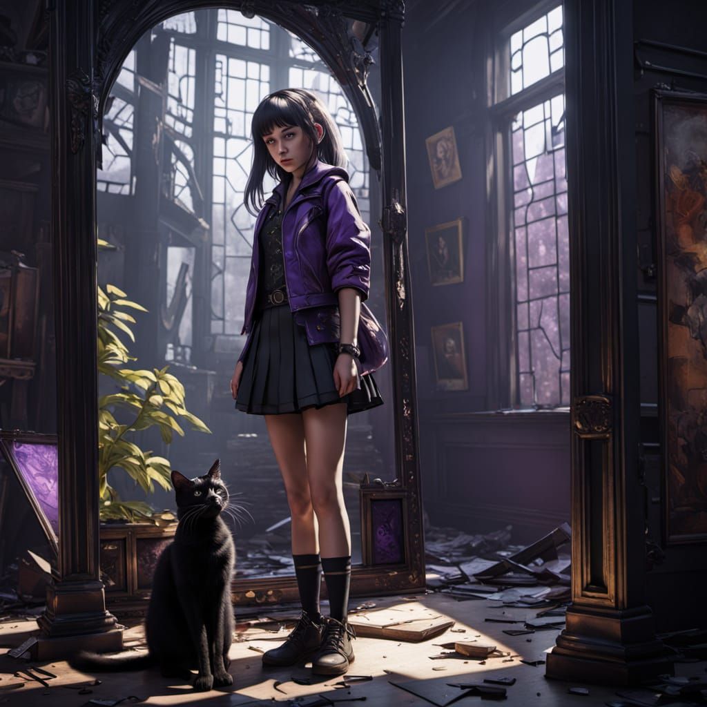 Gothic Girl with Black Cat in Dark Fantasy Art