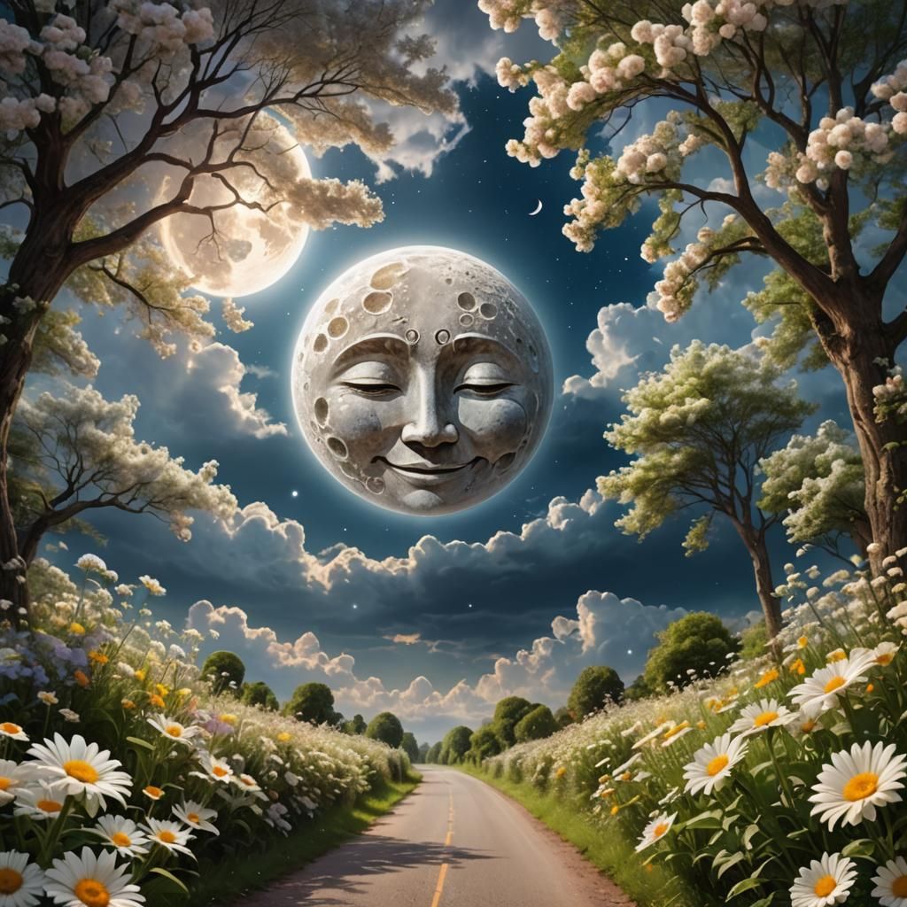 Smiling Moon at the End of Flower-Lined Road