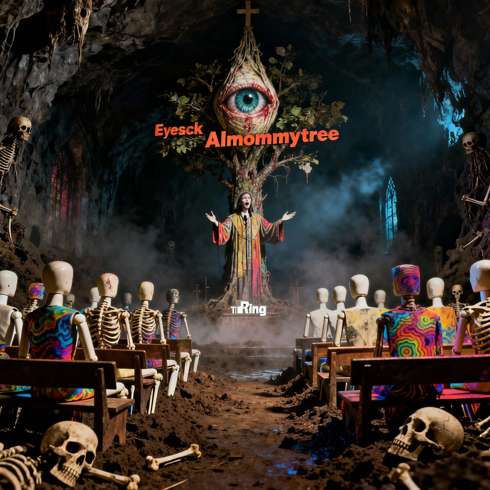 Surreal Collage: Eyesack Almommytree in Underground Church