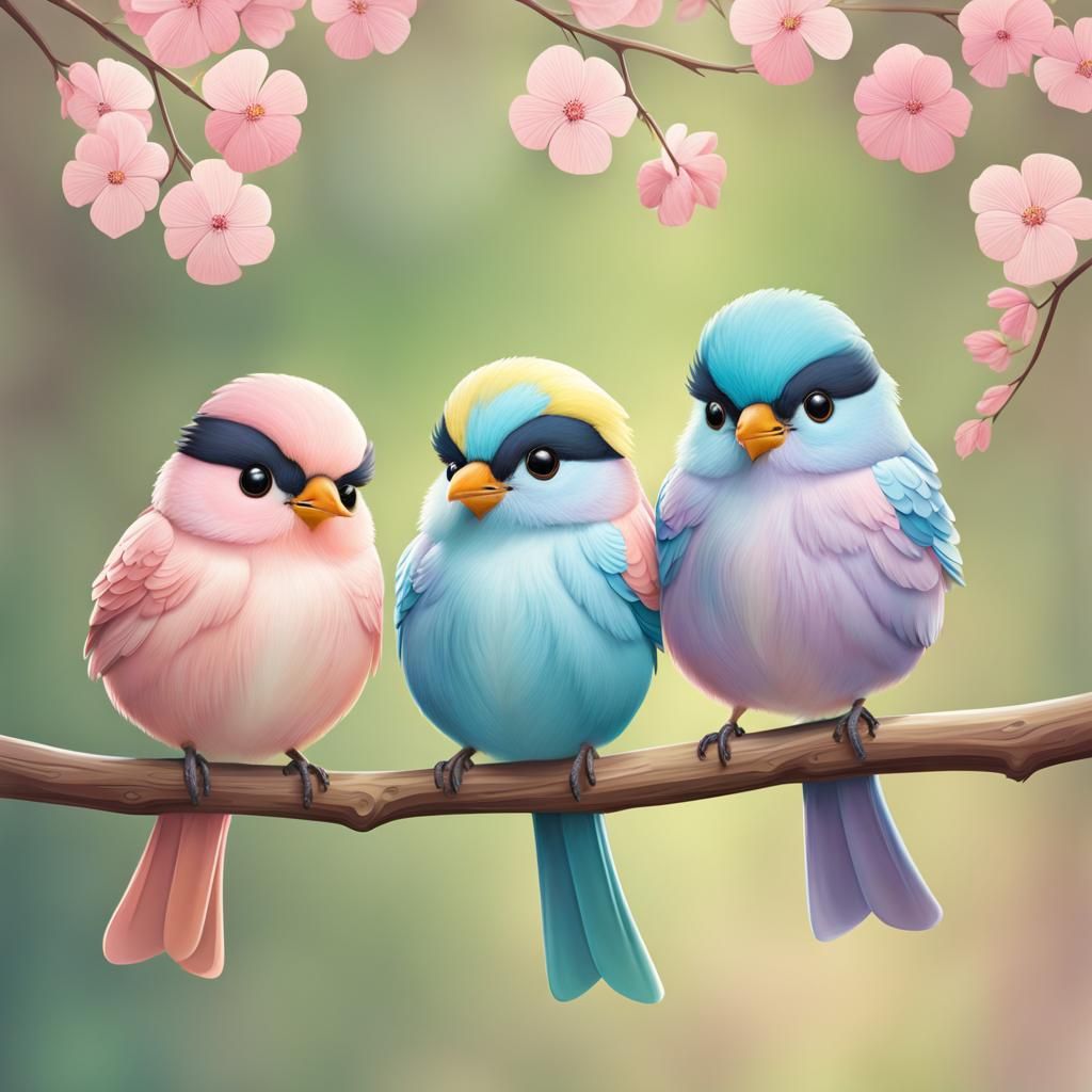 Cute Bird Couple on Branch in Pastel Colors