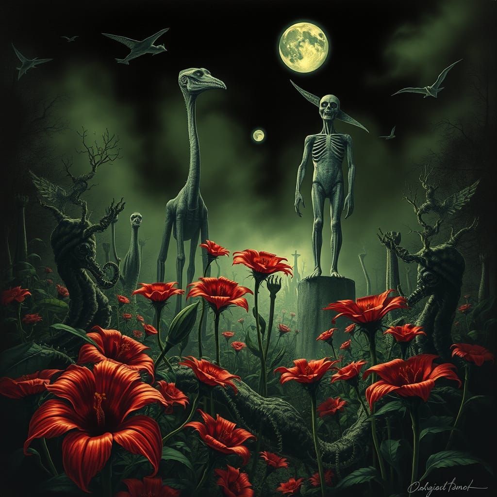 Creepy Garden with Carnivorous Flowers in Surreal Horror Sty...