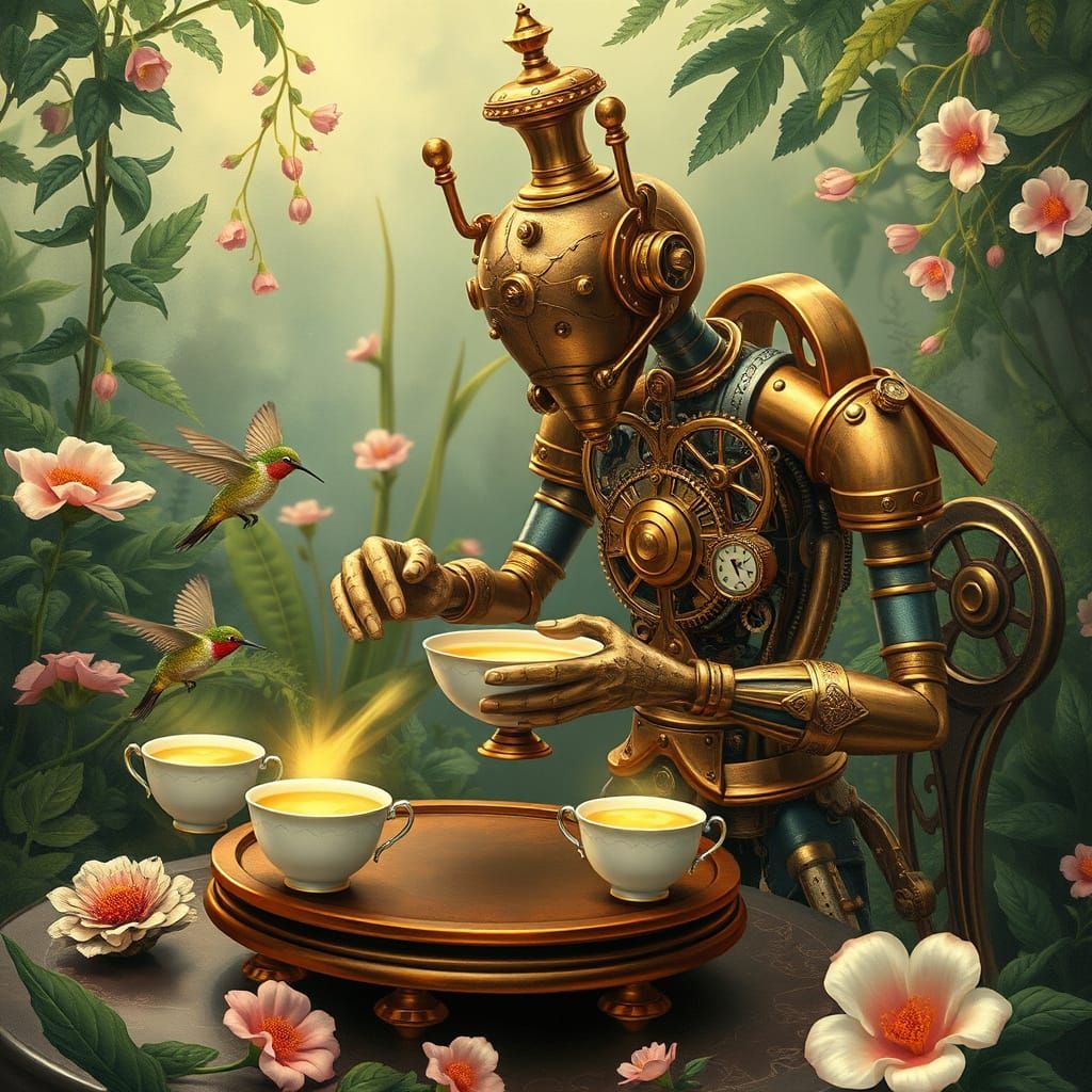 Victorian Automaton Tea Ceremony in Enchanted Garden