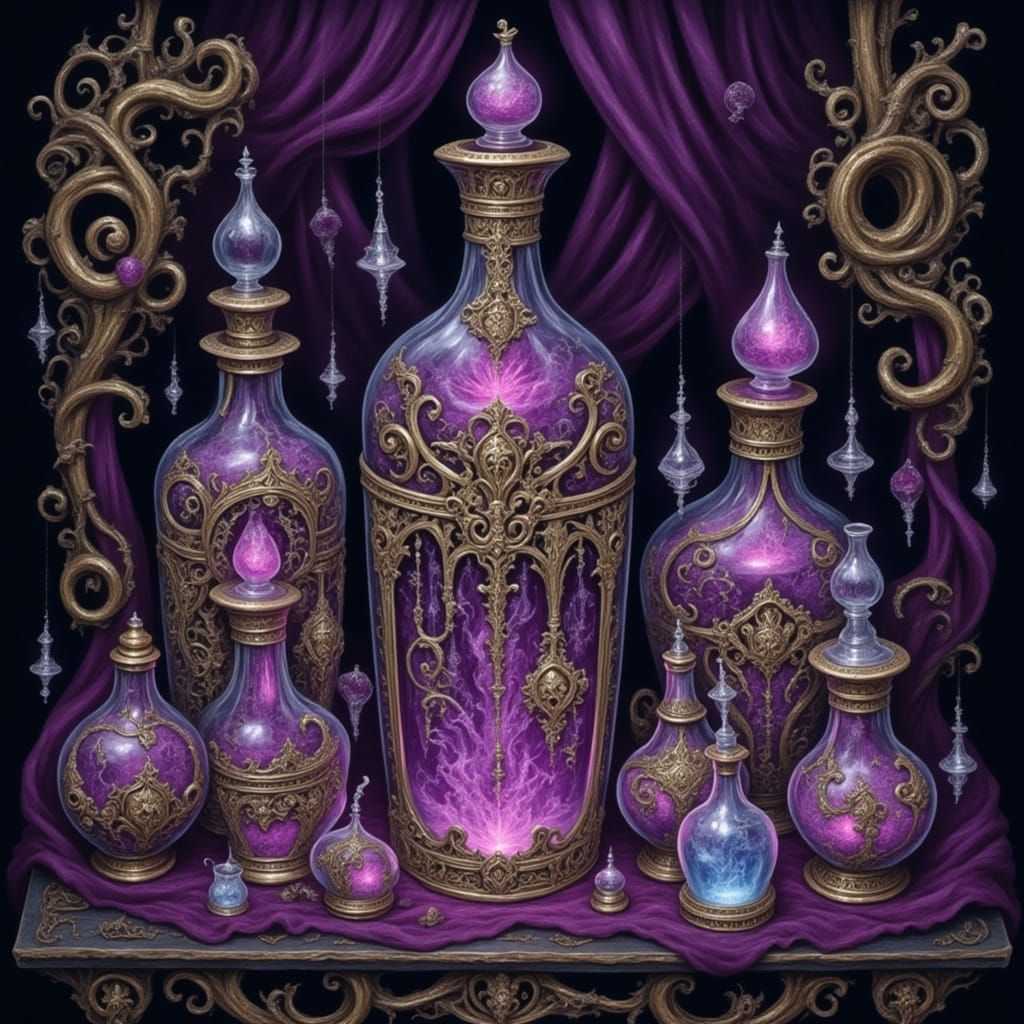 Intricate Purple Baroque Potion Bottles with Gold Filigree