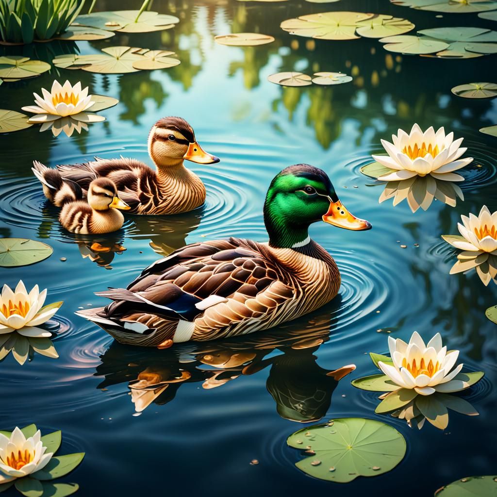 Duck Family Swim: Hyperrealistic Splash Art