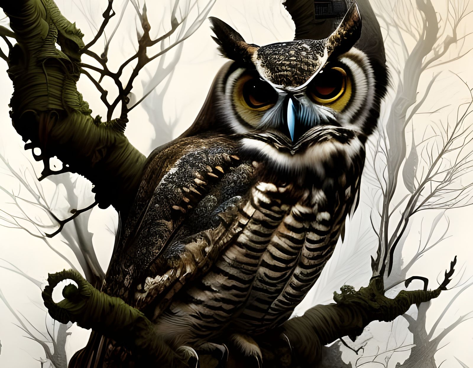 Intricate Ink Illustration of Great-Horned Owl