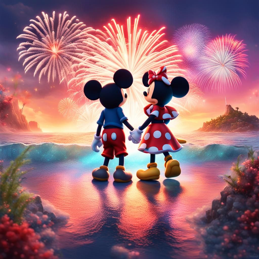 Mickey and Minnie Mouse holding hands on deserted island in middle of ocean. White background filled with fireworks. Dou...