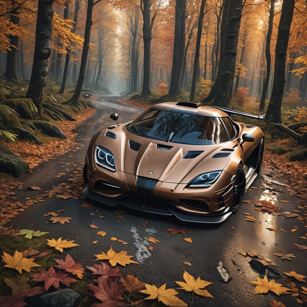 Futuristic Koenigsegg in Autumn Forest, Hyperrealistic Rende...