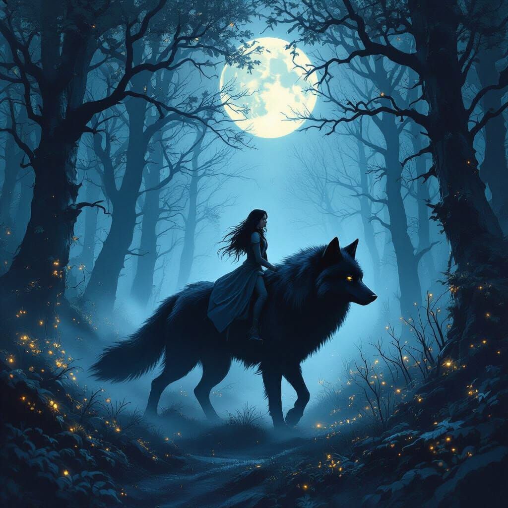 Woman Rides Moon Wolf Through Twilight Forest