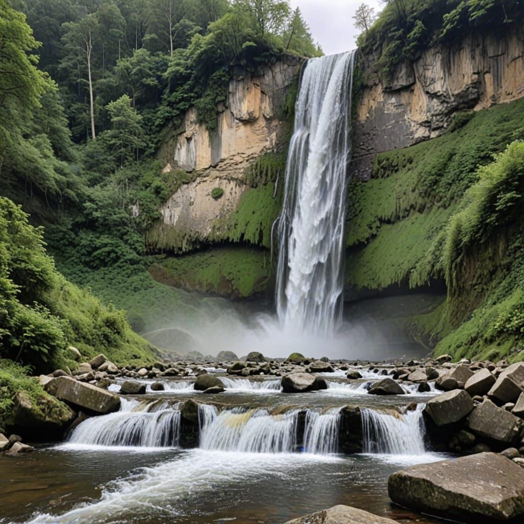 Dreamlike Distant Cascading Waterfalls