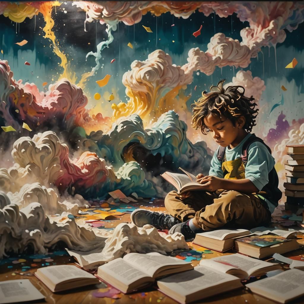 Child Reading Amid Vivid Surrealist Street Art