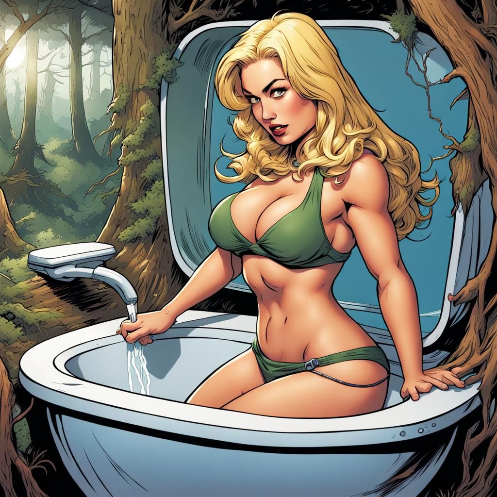 Blonde in Bikini Camps in Toilet Sink: Comic Art
