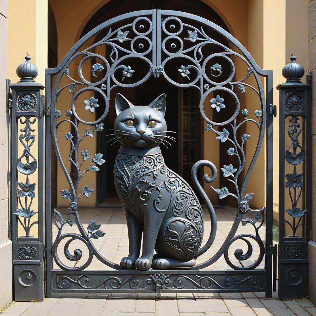 Art Nouveau Cast Iron Gate with Cat Motifs