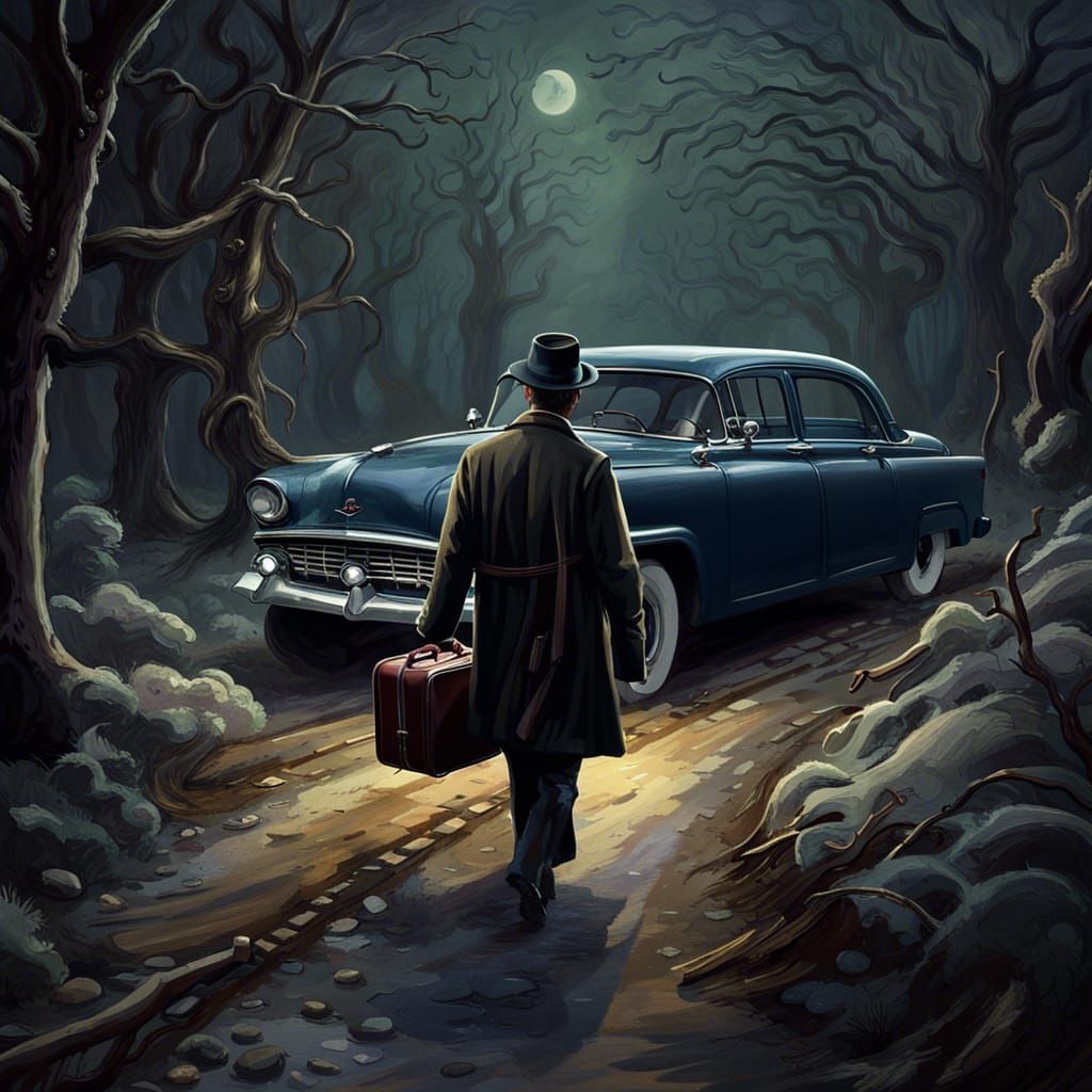 Edwardian Man Walks to Classic Car on Winter Night