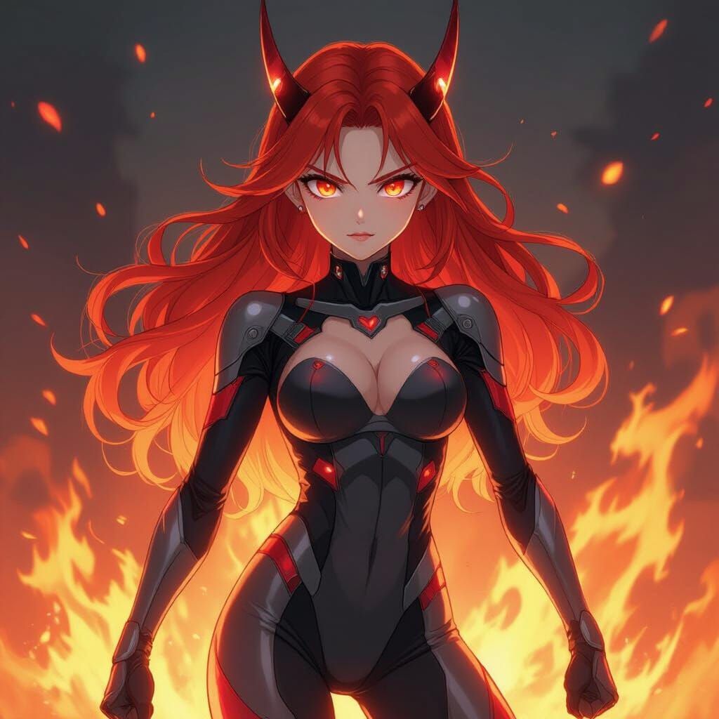 Fiery Anime Girl with Horns and Power Suit