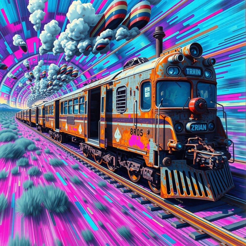 Distorted Train Speeds Through a Vibrant, Surreal Landscape