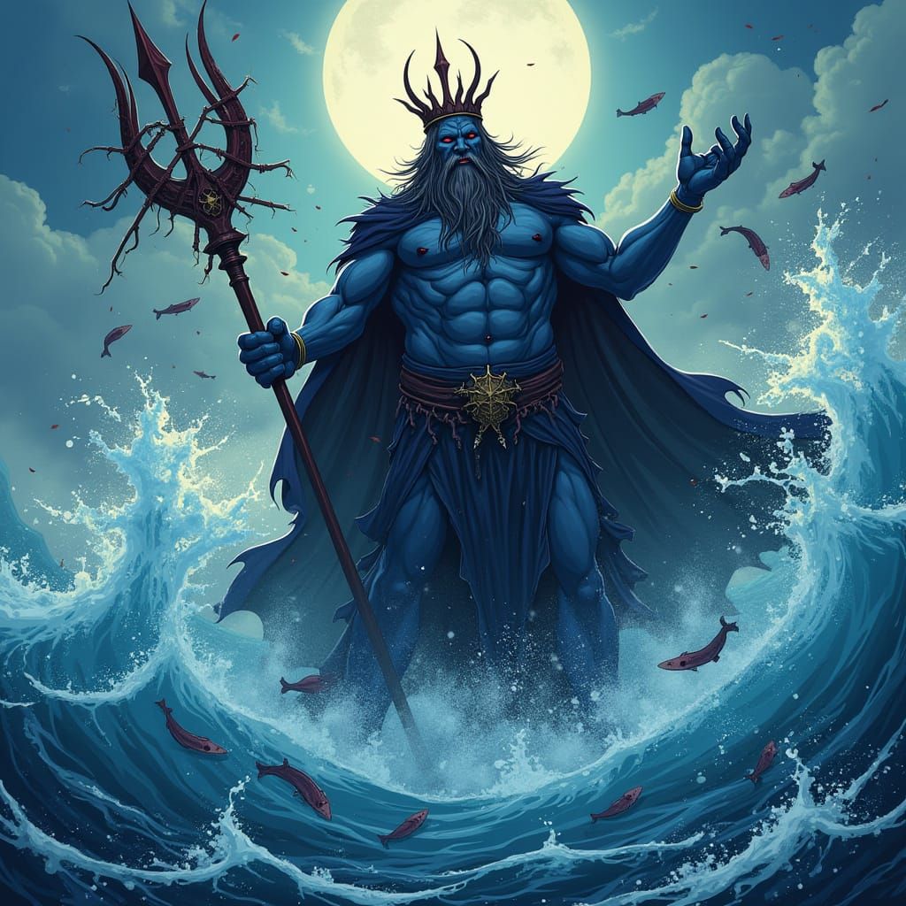 Evil King Neptune Rises from the Depths in Dark, Vibrant Man...