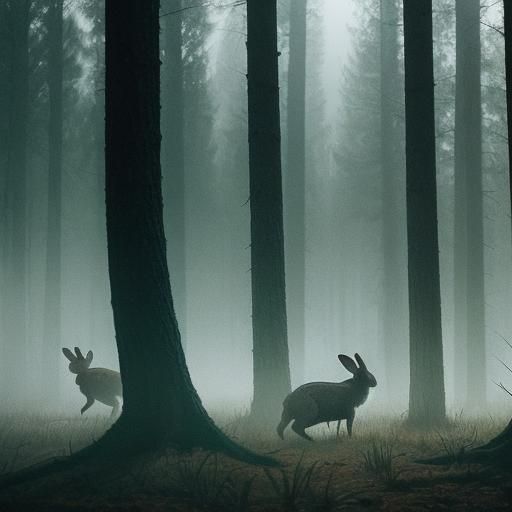Rabbits in Misty Forest Clearing: Cinematic Film Still