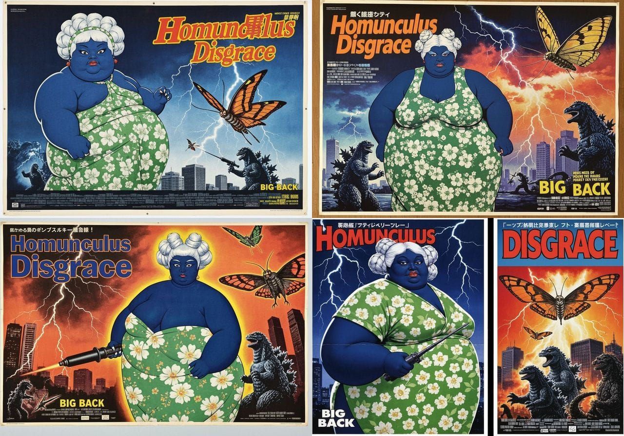 1970s Tokyo Kaiju Battle Movie Poster with Obese Woman
