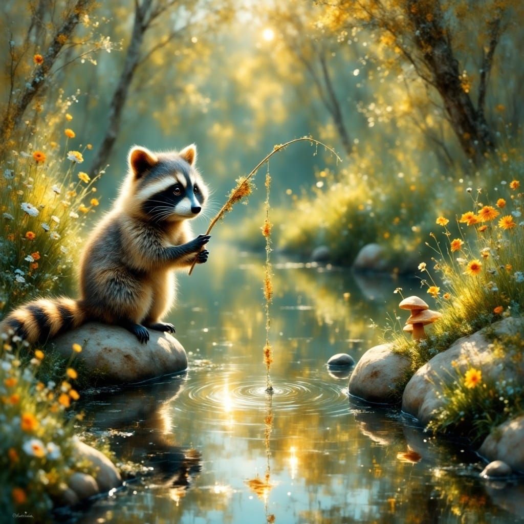 Miniature Raccoon Angler in Whimsical Forest Scene