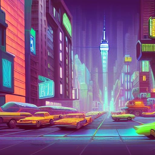 Retrofuturist New York Cityscape in Digital Art Style
