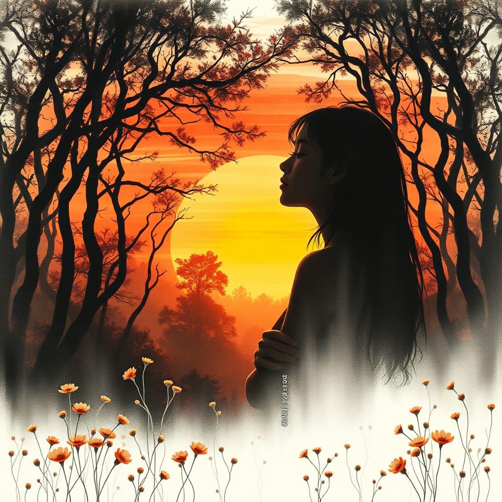 Sunset Forest Silhouette in Charcoal Drawing Style