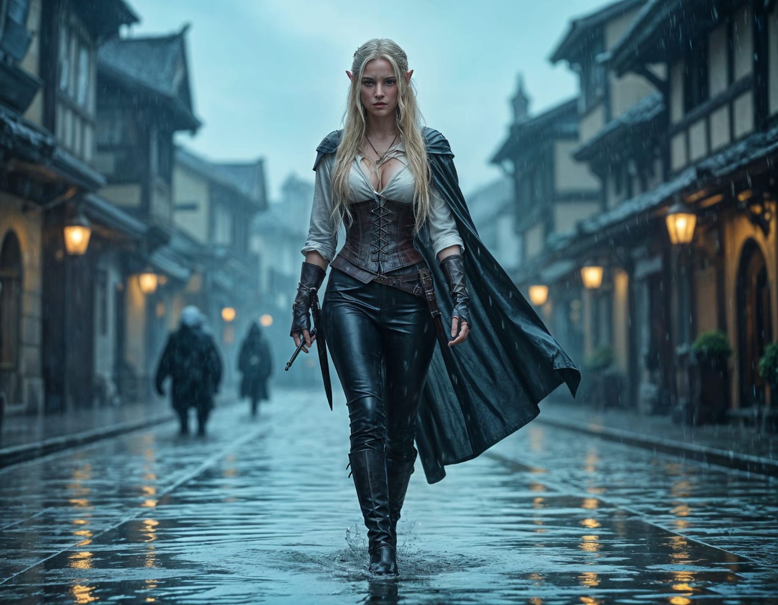 Elf Woman in Rainy City at Night