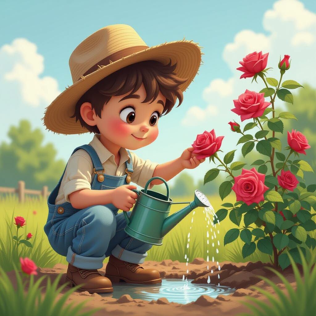 Whimsical Country Boy Watering Roses Pastel Art