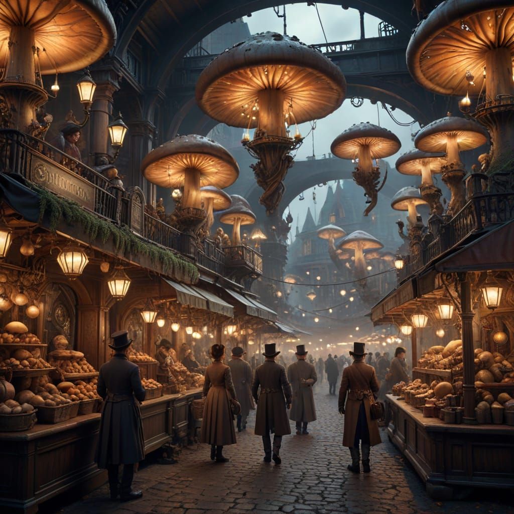 Steampunk Mushroom Marketplace with Victorian Merchants