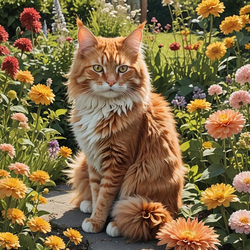 Mythical Ginger Cat with Blooming Flower Tail