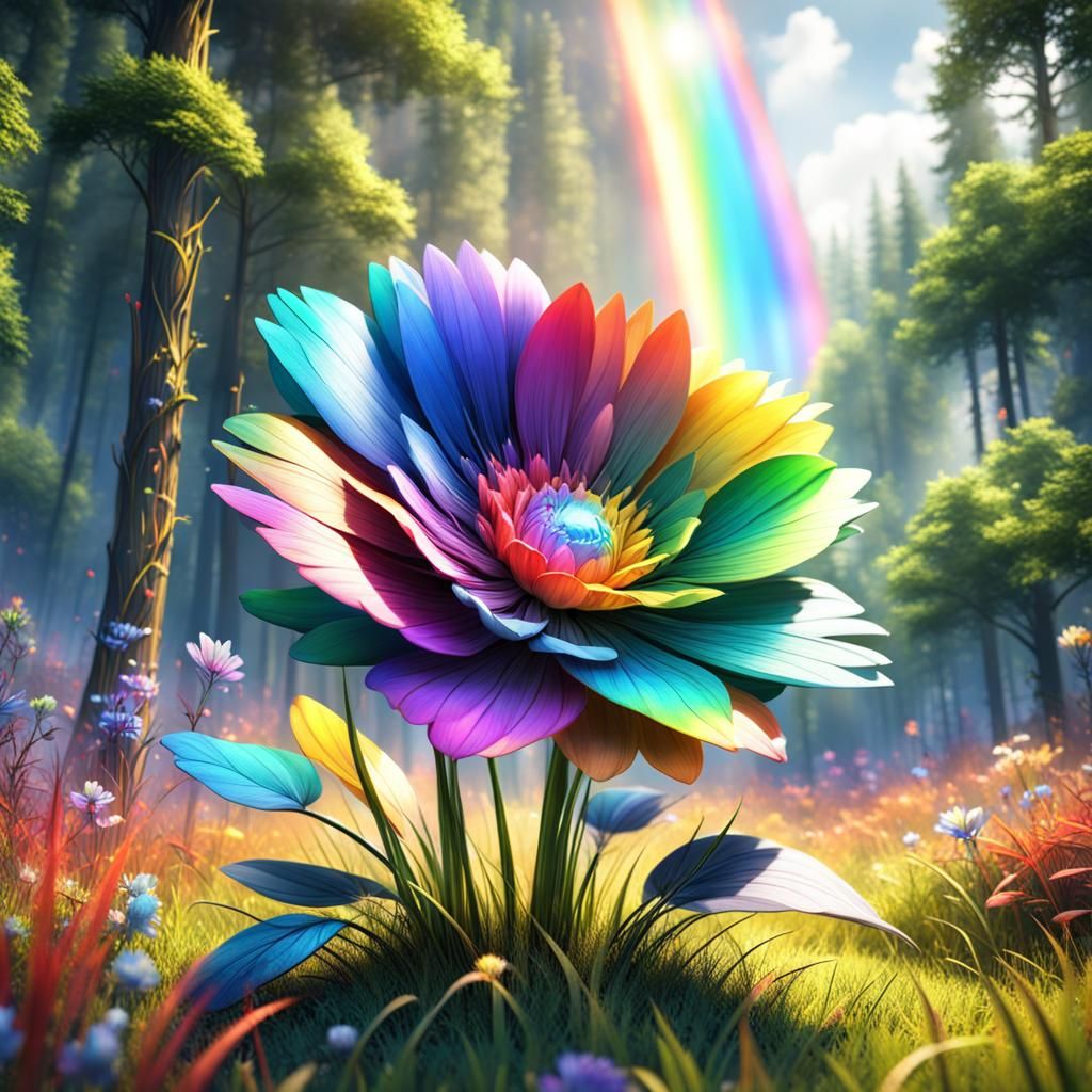 Rainbow Flower in Forest: Detailed Matte Painting