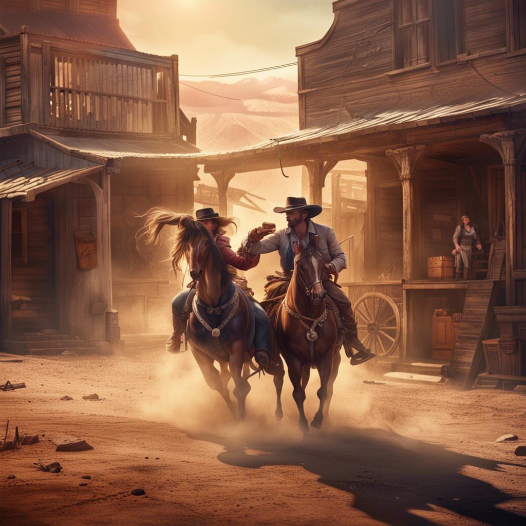 Cowboys Duel on Dusty Street: Detailed Matte Painting