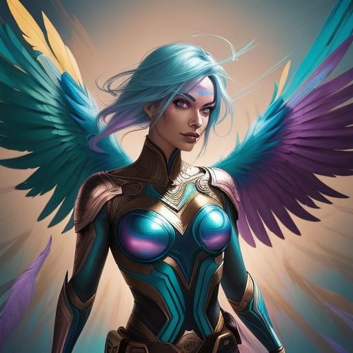Metallic Woman with Feathers in Comic Book Art