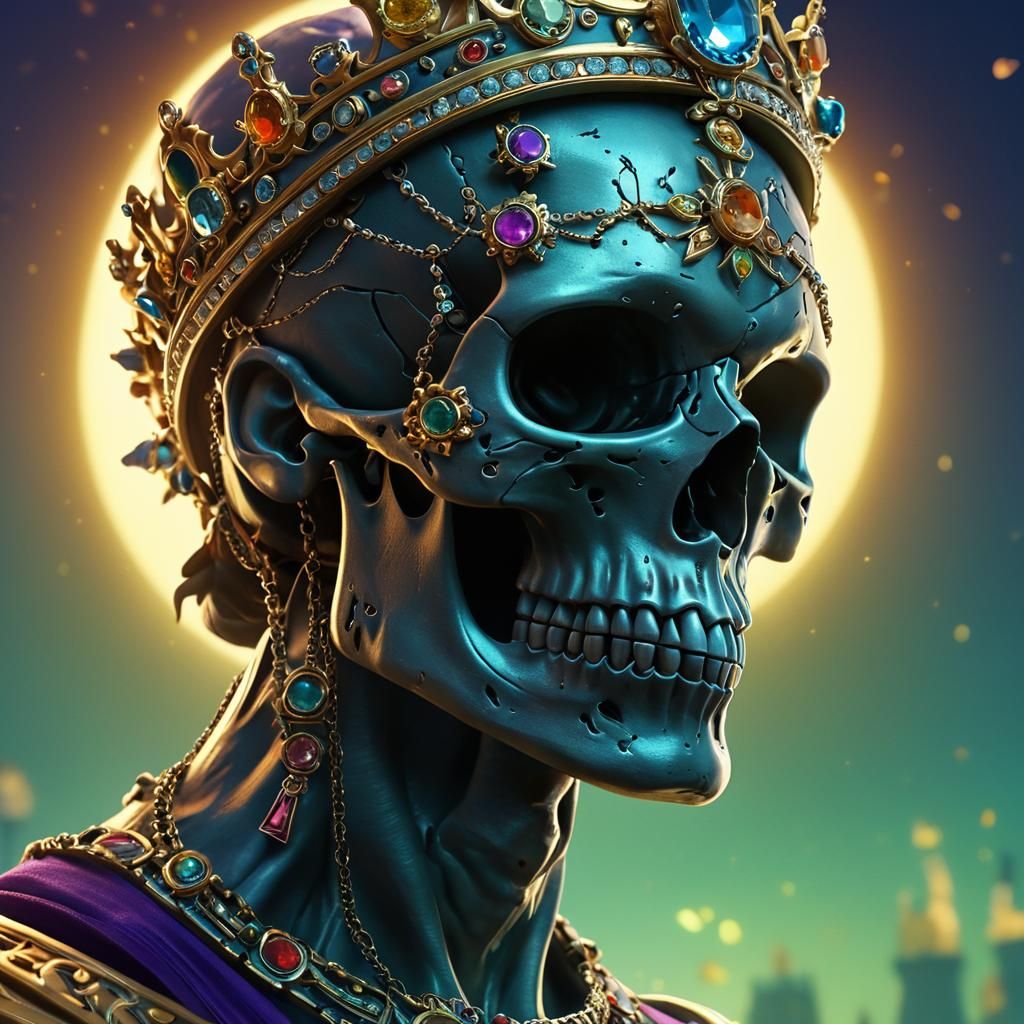 Regal Figure Adorned with Jeweled Skull Crown