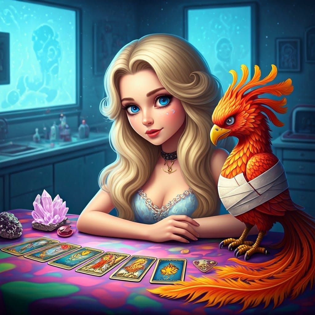 Whimsical Tarot Reader with Phoenix Figurine: Digital Illust...