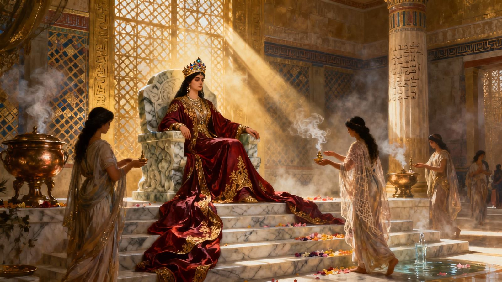 Majestic Persian Queen on Onyx Throne in Sunlit Temple
