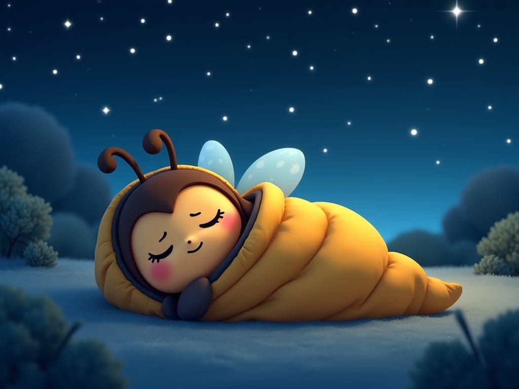 Cartoon Bee Sleeps Under Starry Night Sky