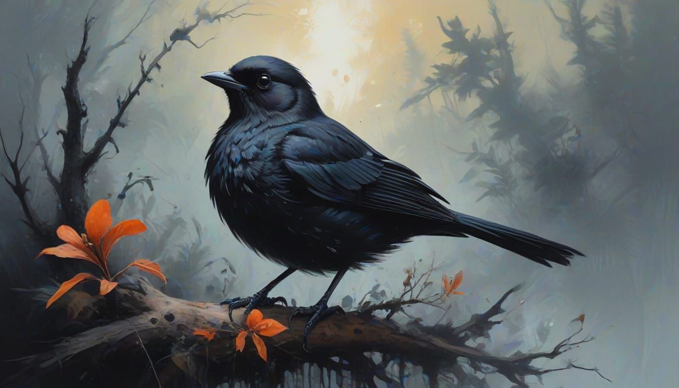 Smoky Black Bird in Gouache Style