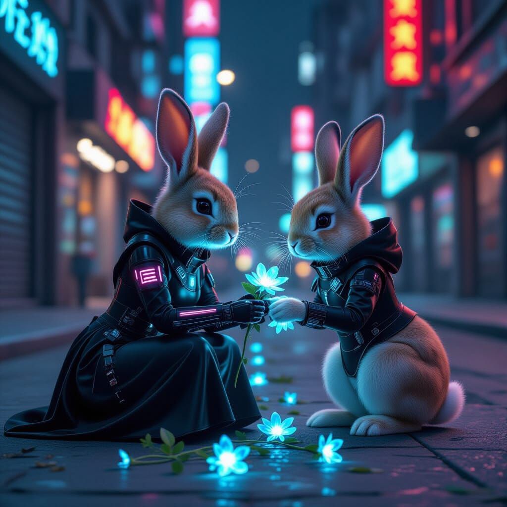 Cyberpunk Rabbit Picking Mechanical Flowers